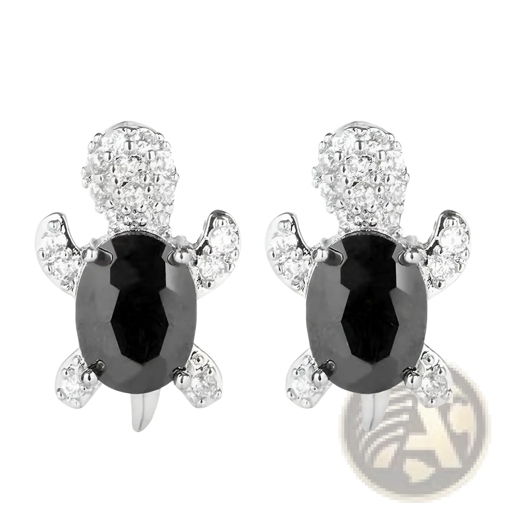 Black turtle-shaped stud earrings featuring a central black oval gemstone and clear crystals on head flippers and tail