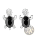 Black turtle-shaped stud earrings featuring a central black oval gemstone and clear crystals on head flippers and tail