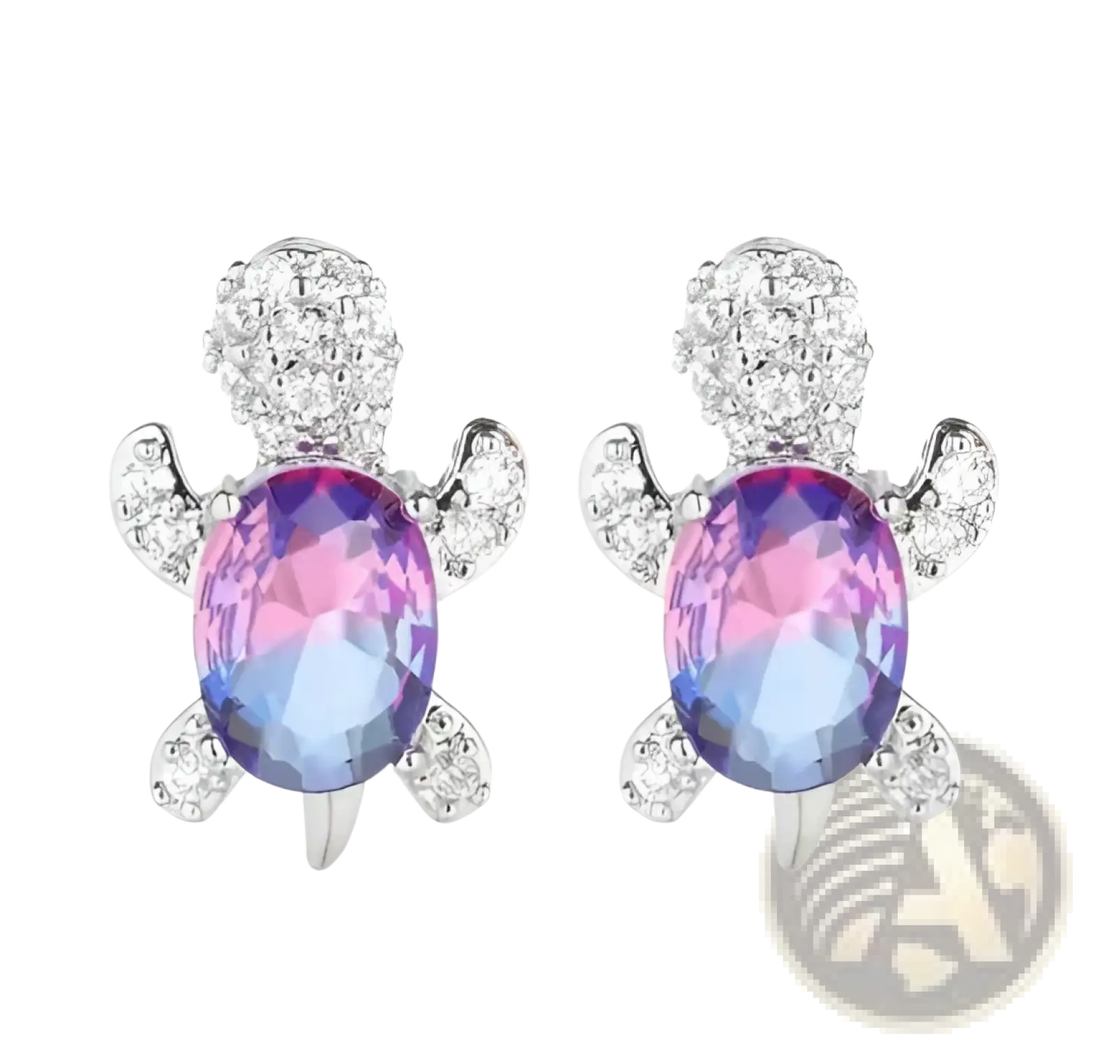 Colorful crystal turtle stud earrings featuring blue and pink gradient oval crystals with silver rhinestone detailing