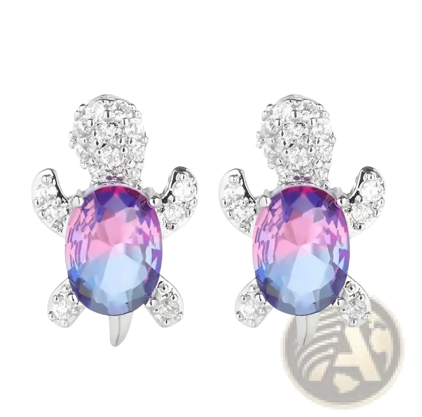 Colorful crystal turtle stud earrings featuring blue and pink gradient oval gemstones with silver-toned metal accents