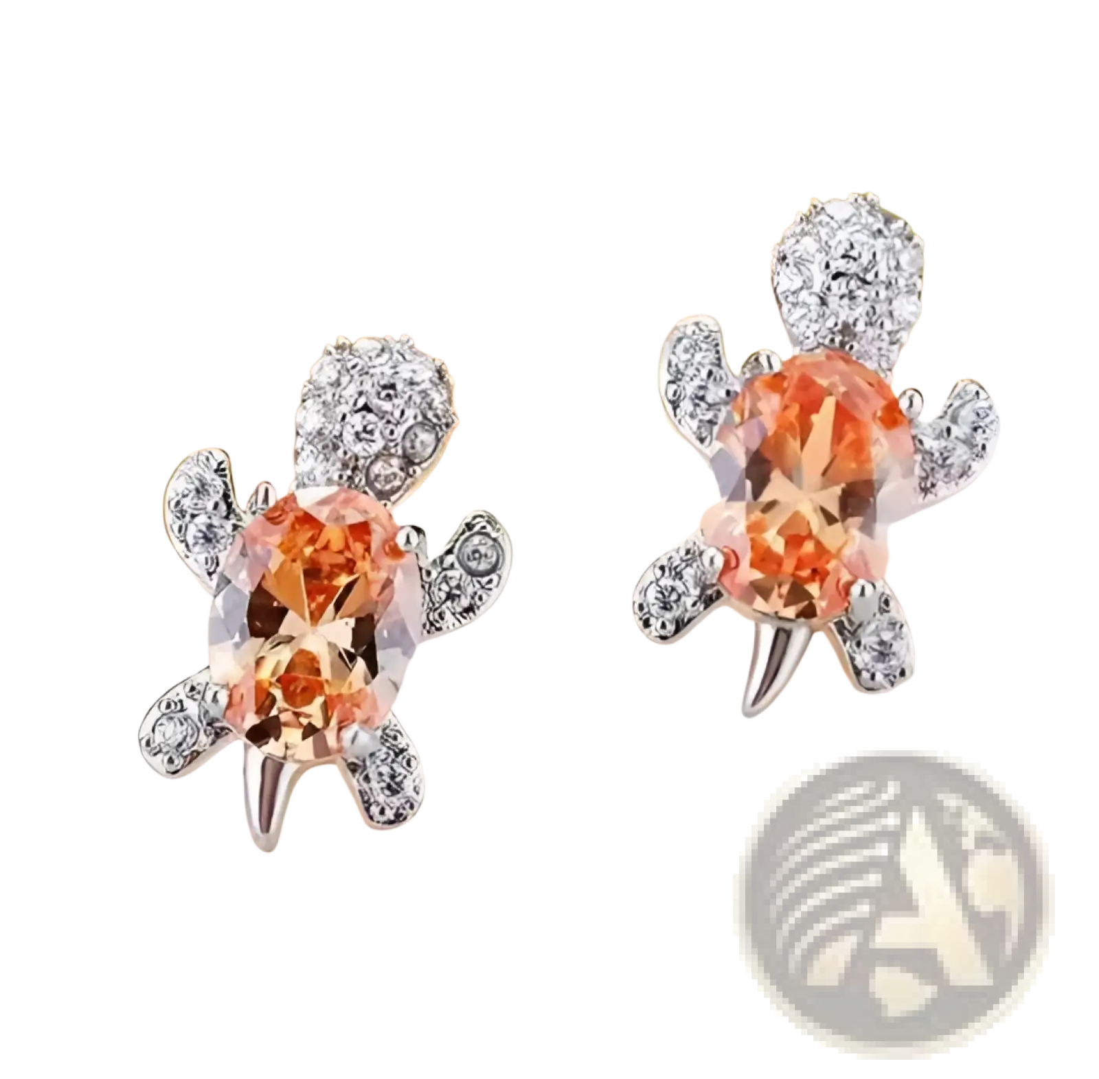 Silver turtle-shaped stud earrings with clear crystals and a central peach-colored gemstone colorful crystal set