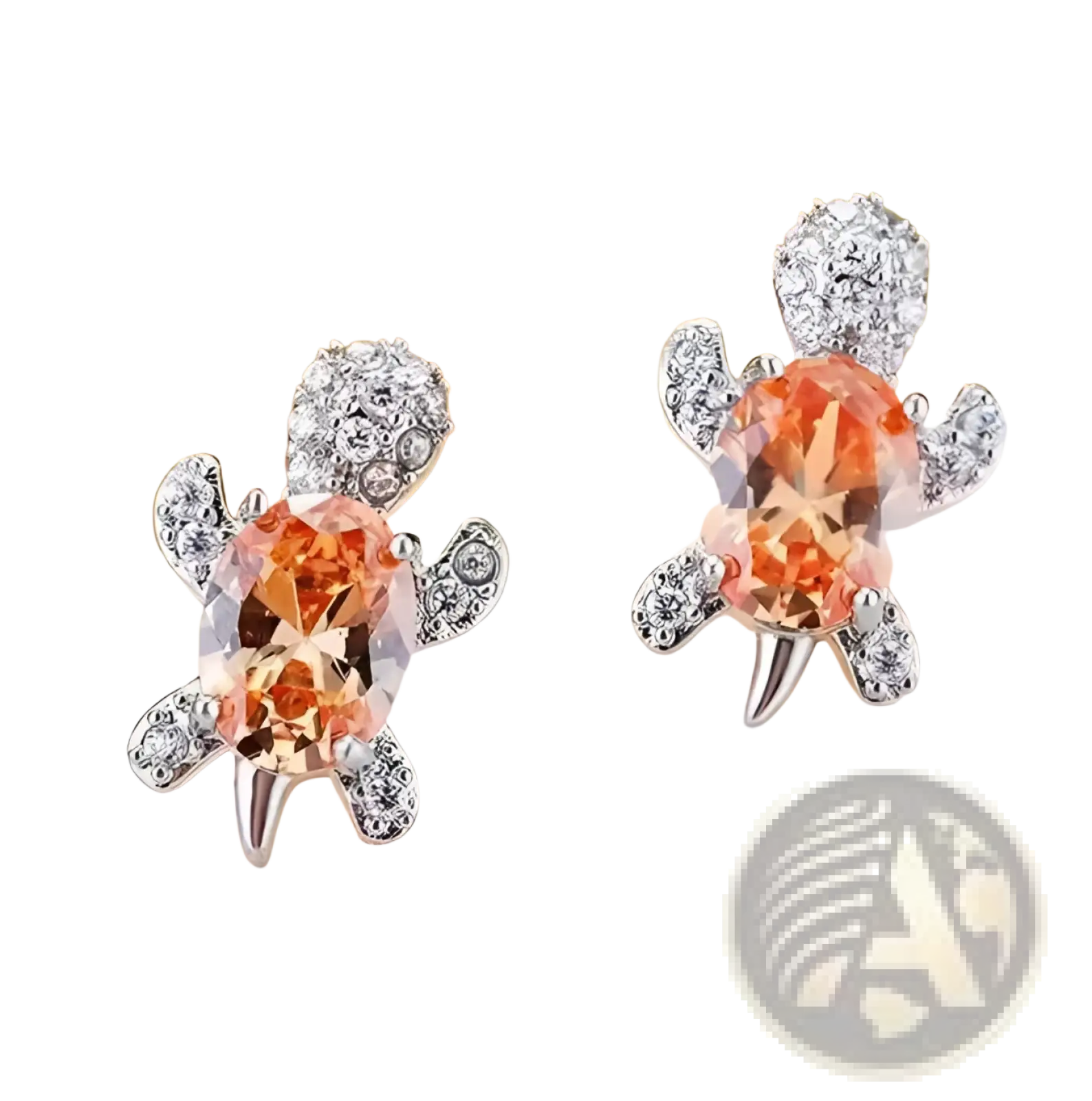 Delicate colorful crystal turtle stud earrings with central orange gemstone and clear crystals in silver-toned metal