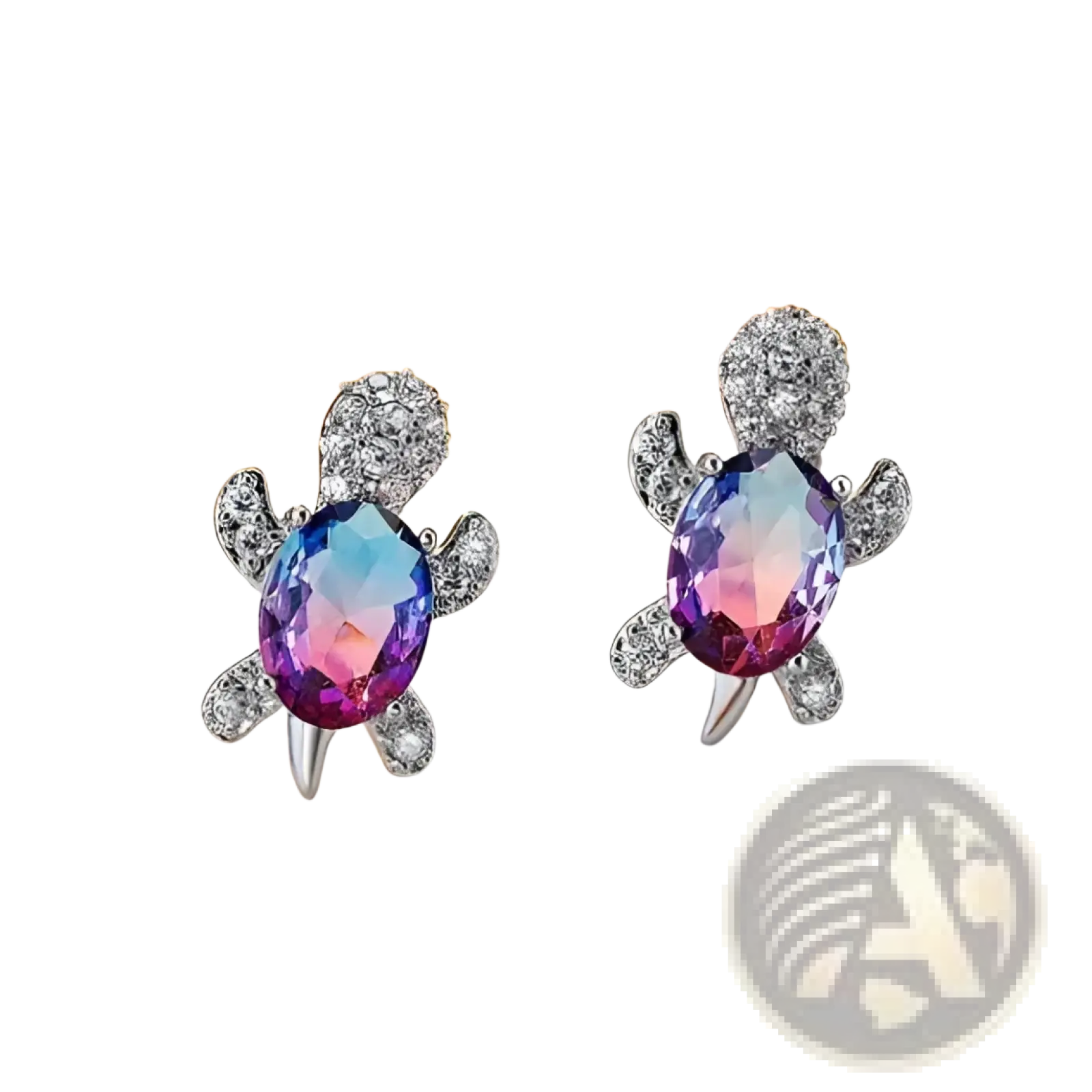A pair of silver turtle-shaped stud earrings with a central oval iridescent gemstone and clear crystals