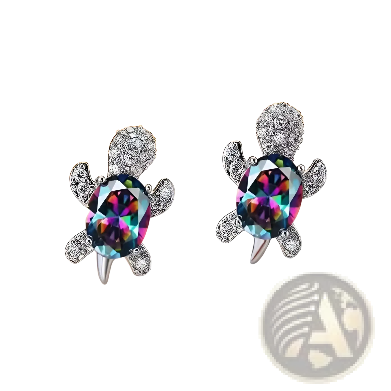 Delicate silver colorful crystal turtle stud earrings with multicolored rainbow gemstone body and clear crystal accents