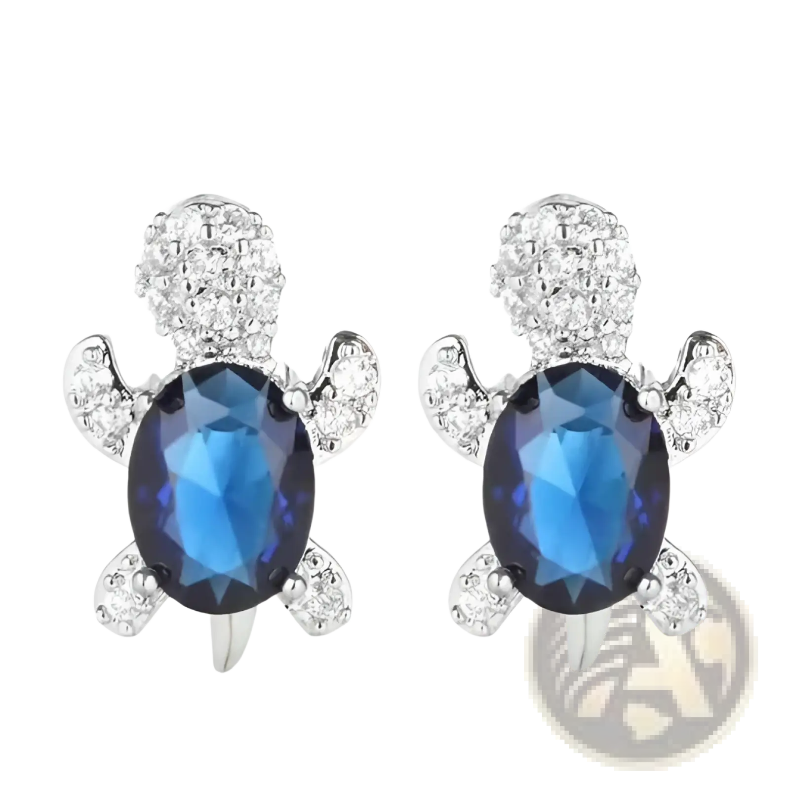 Dark blue oval crystal turtle stud earrings with silver-toned metal and pave-set clear crystals from Colorful Crystal