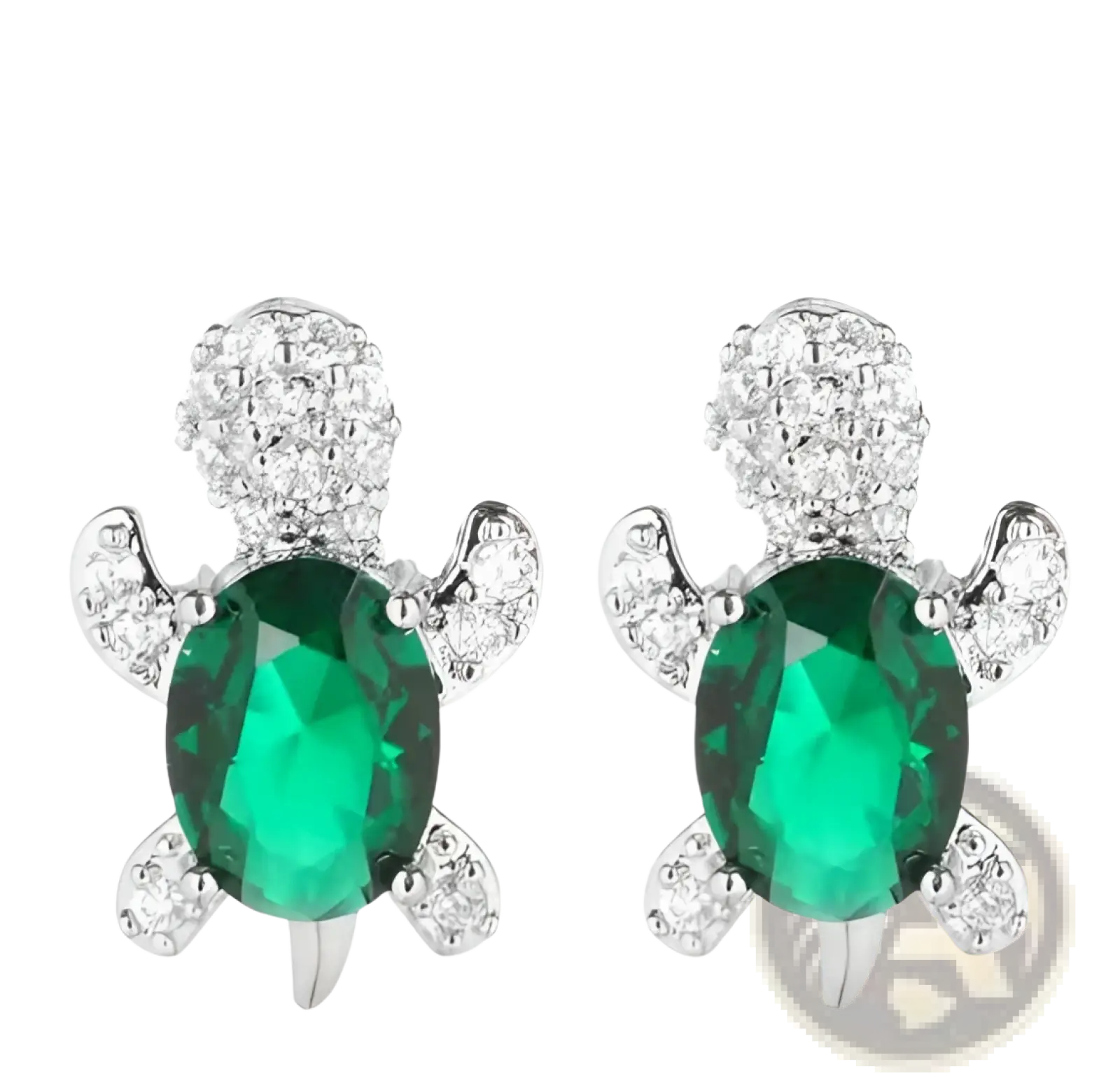 Colorful crystal turtle stud earrings featuring emerald green oval gemstones with silver-toned metal and pave-set clear crystals