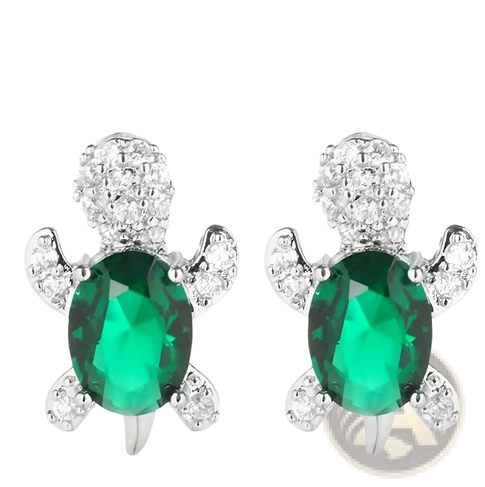 A pair of silver turtle-shaped stud earrings with vibrant green oval gemstones and clear crystal accents