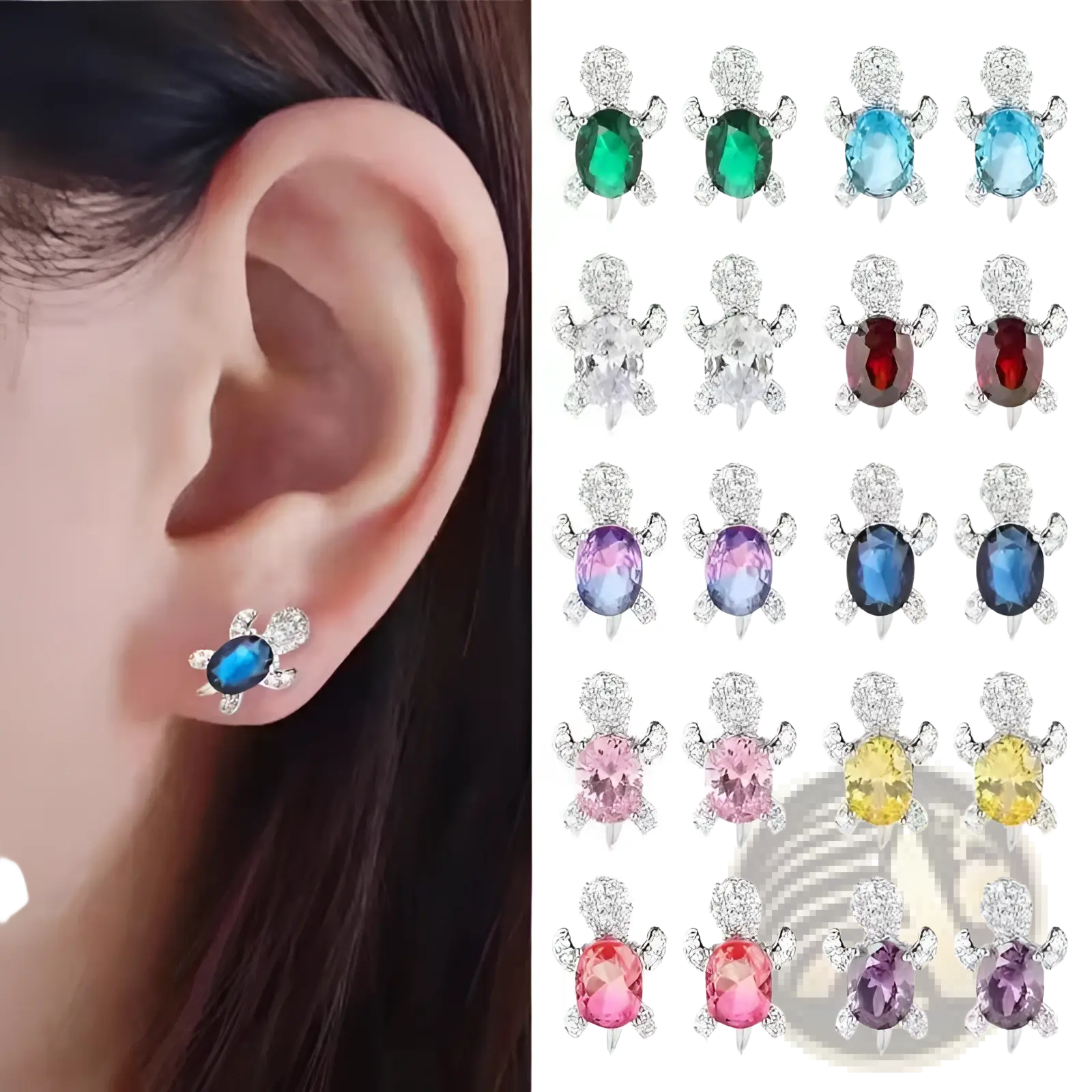 Colorful crystal turtle stud earrings featuring blue gemstones with sparkling silver metal detailing