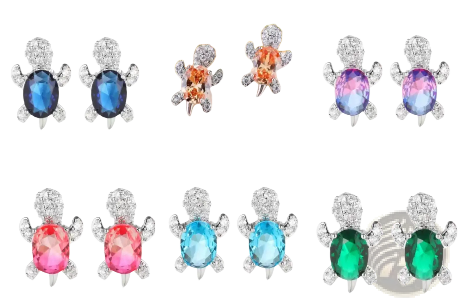 Colorful crystal turtle stud earrings with a central oval gemstone and clear crystals in multiple color combinations