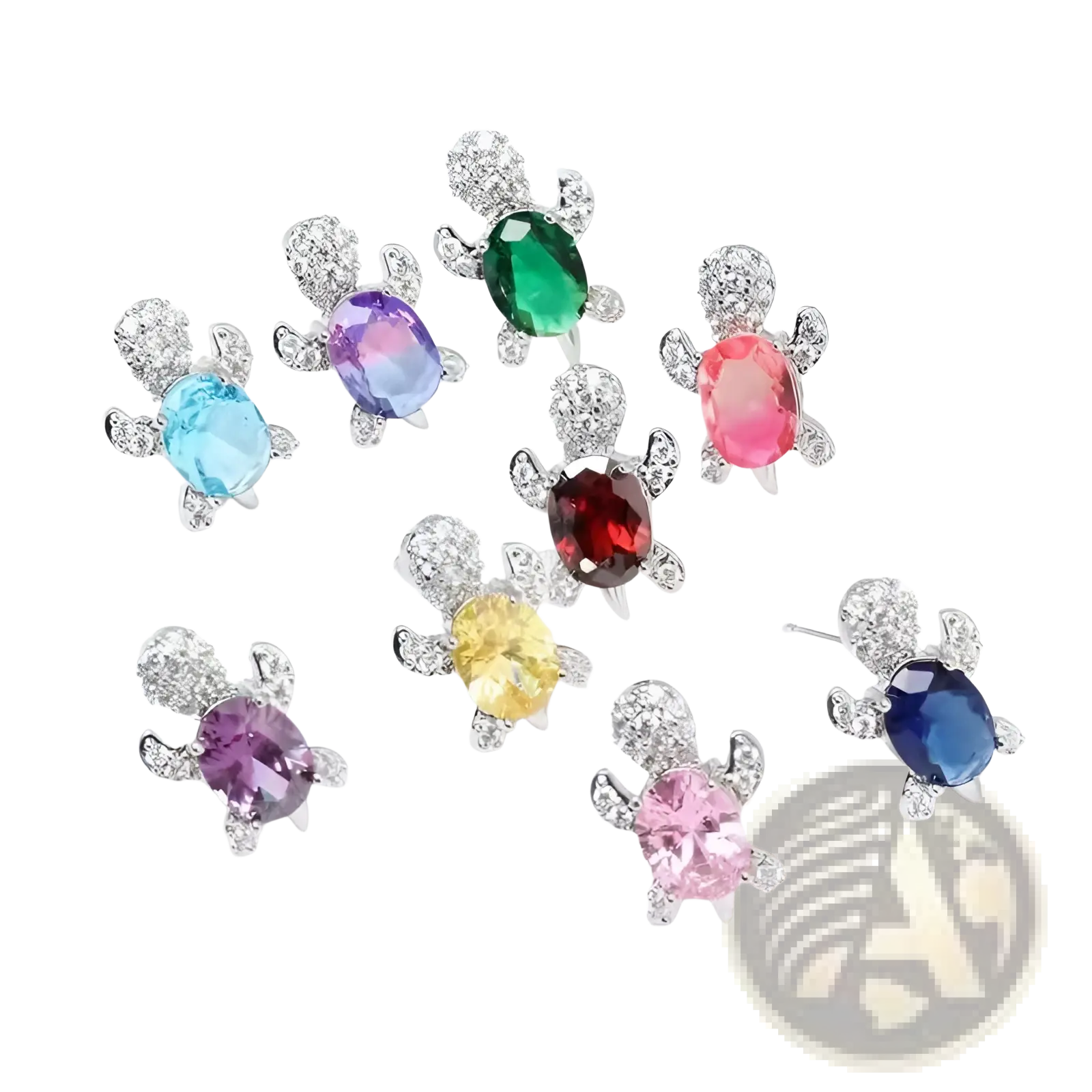 Colorful crystal turtle stud earrings with silver-plated metal and sparkling gemstone accents
