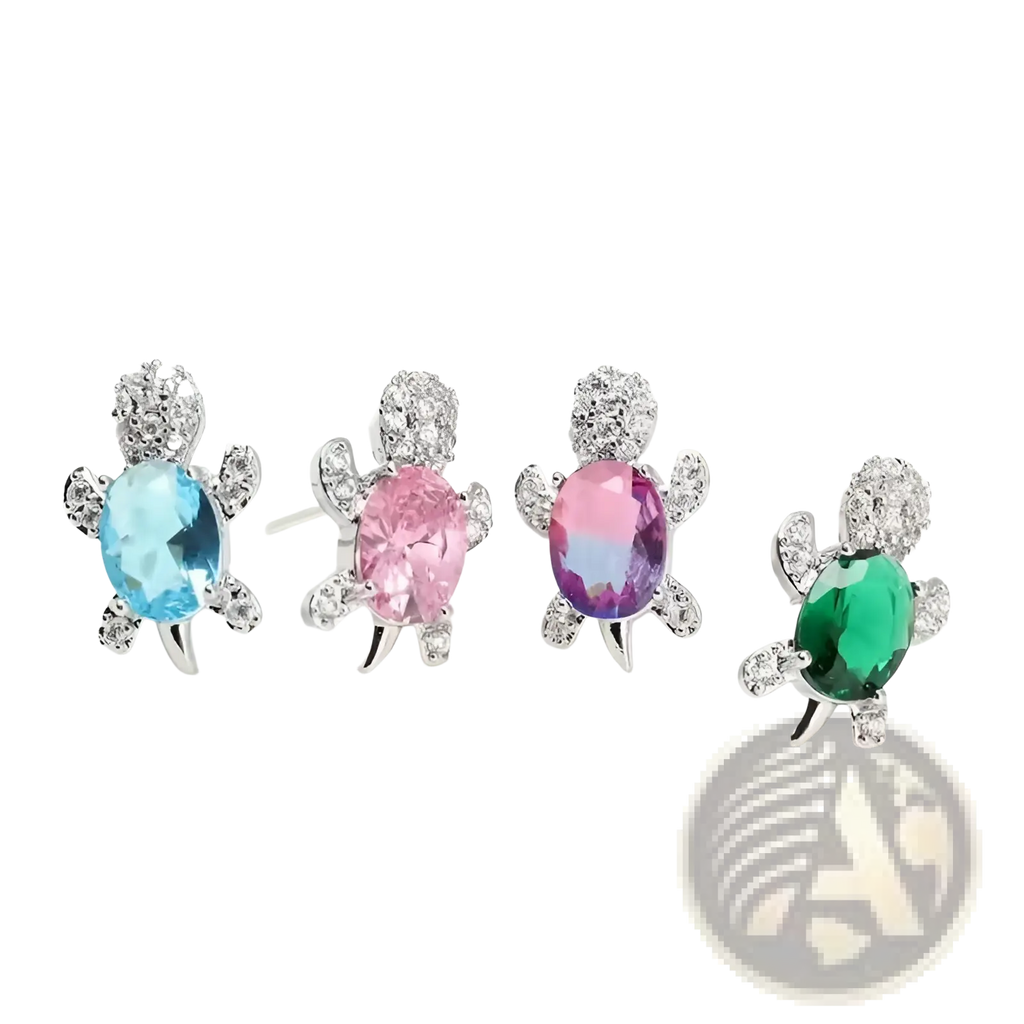 Colorful crystal turtle stud earring set with blue pink purple and green oval gemstones on silver-toned metal