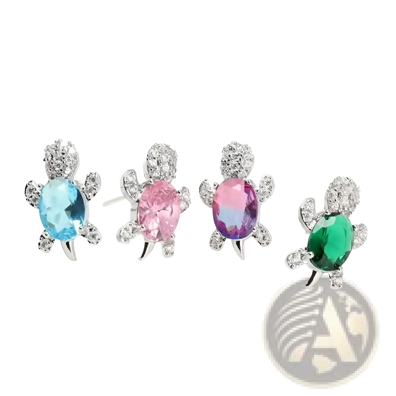 Colorful crystal turtle stud earring set with blue pink purple and green oval gemstones on silver-toned metal
