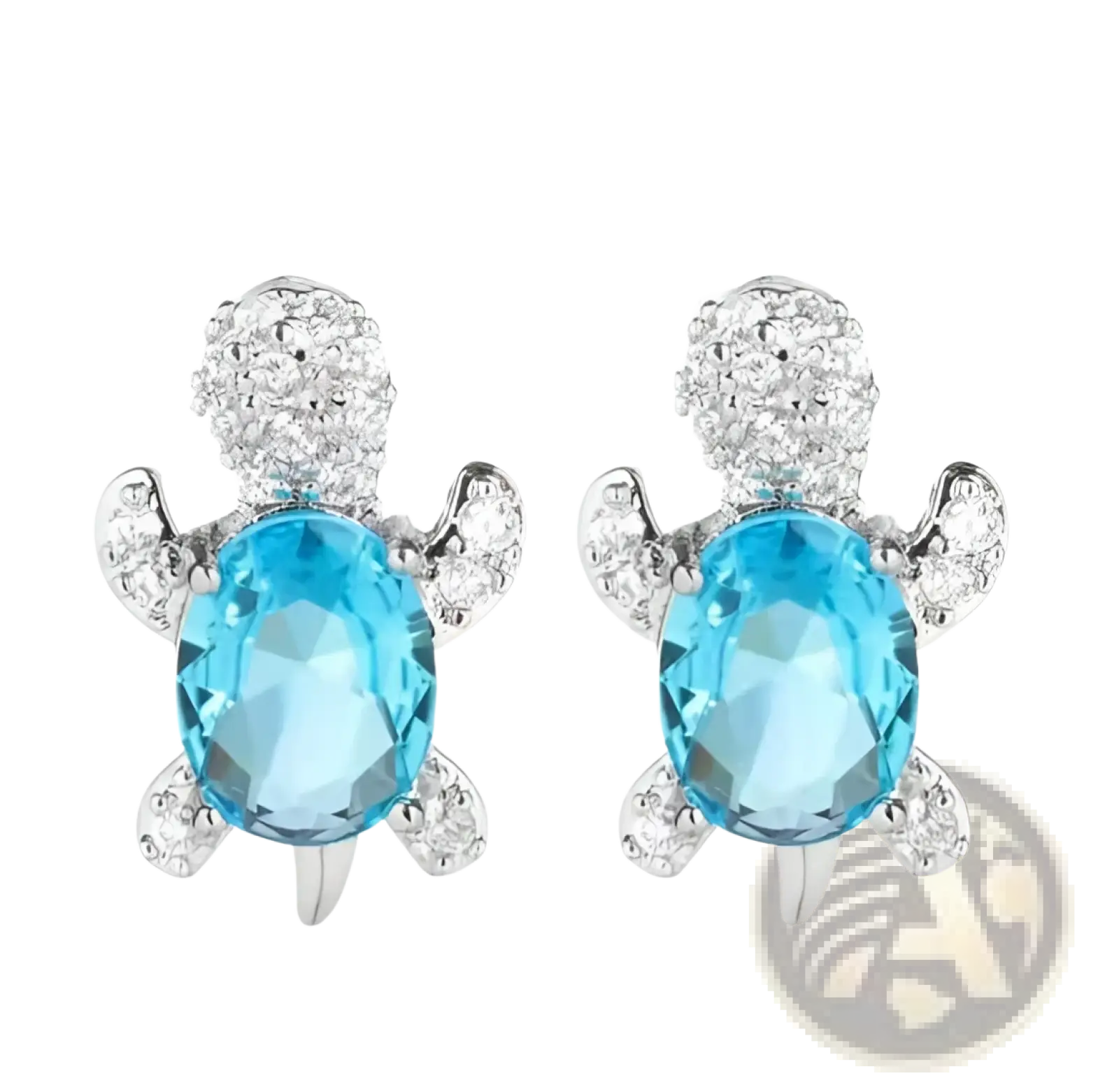 Light blue turtle-shaped crystal stud earrings featuring a central oval gemstone and sparkling accents