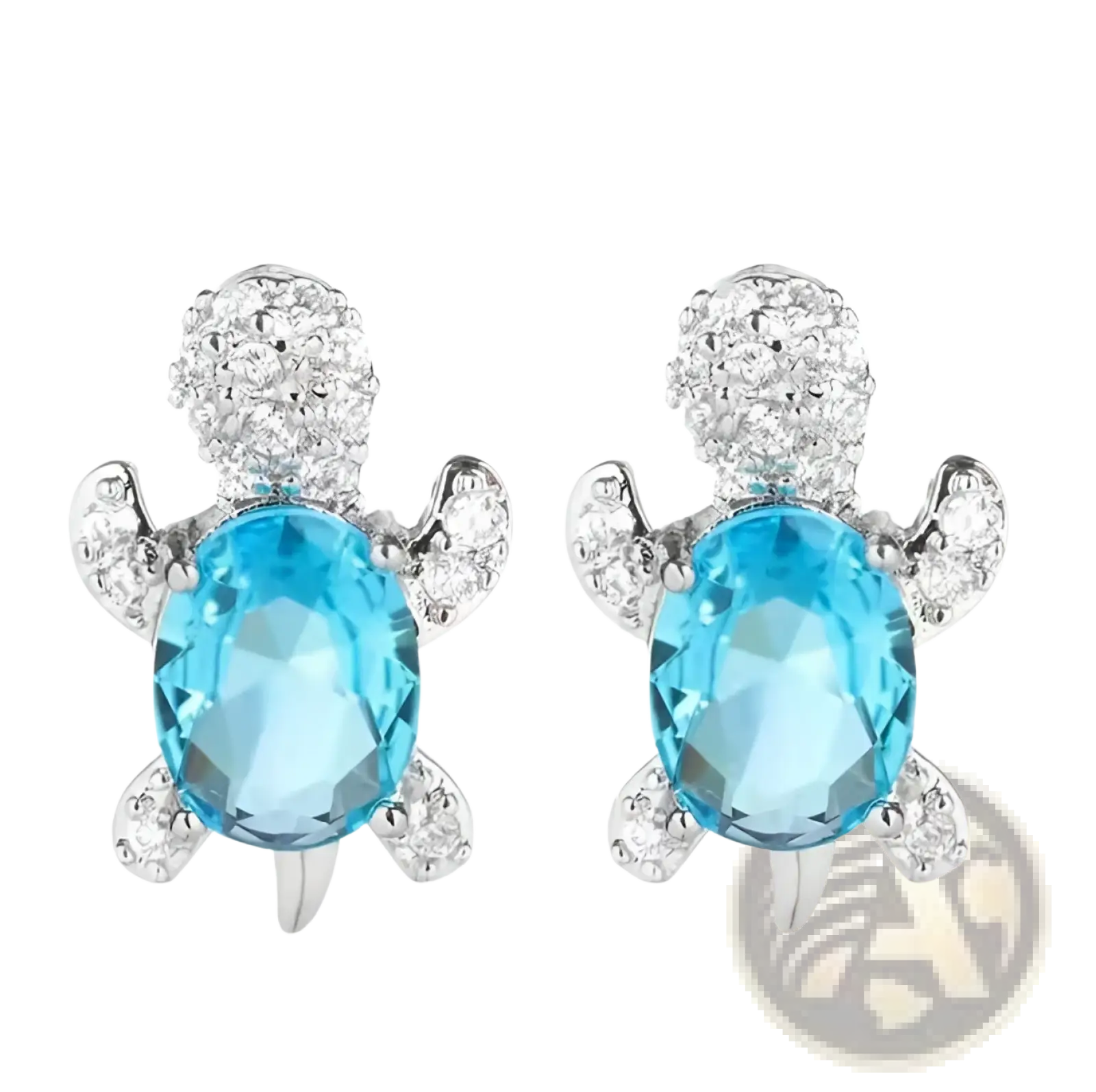 Light blue turtle-shaped stud earrings with faceted central stone and sparkling crystal accents on shell and limbs