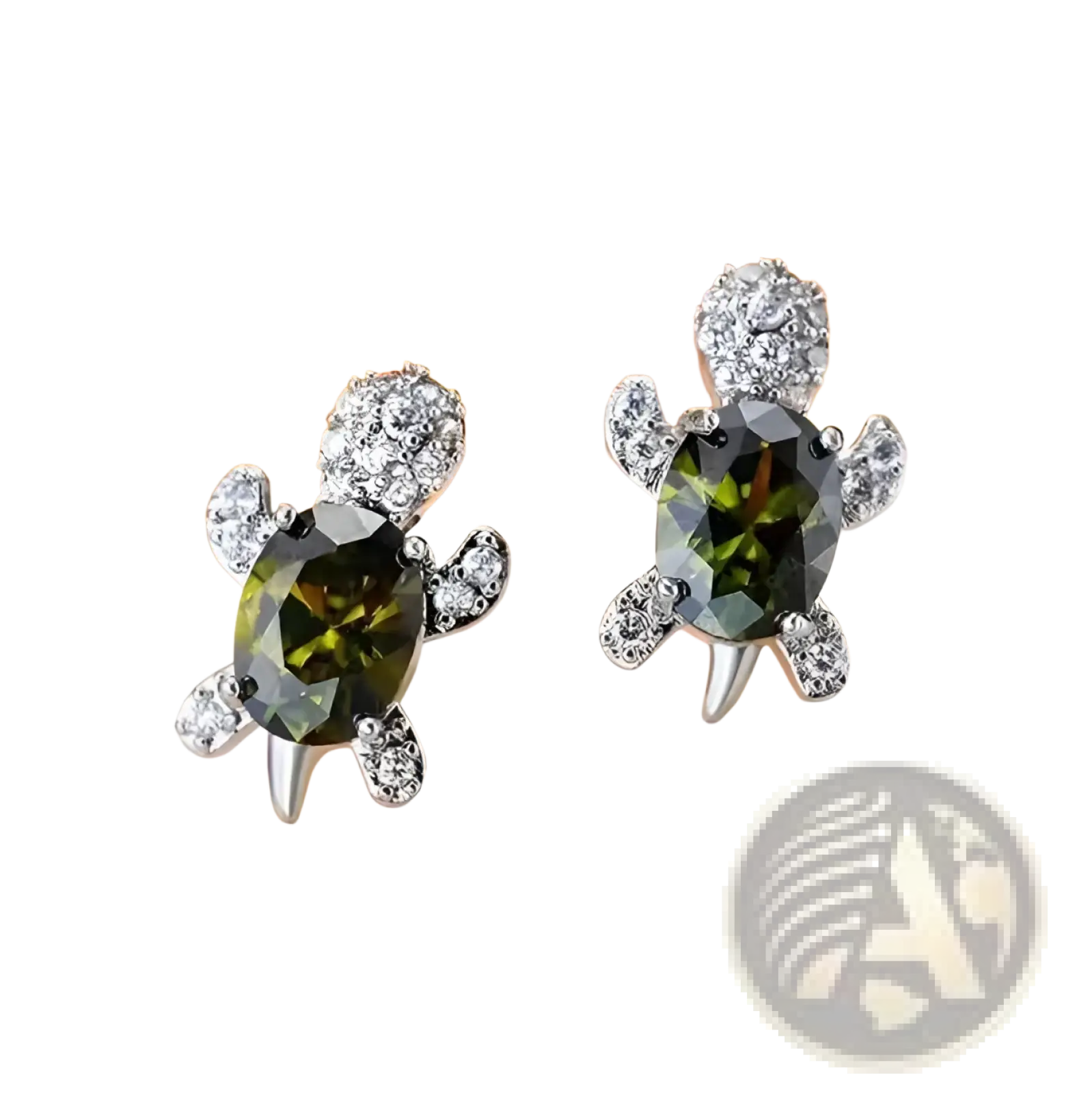 Delicate colorful crystal turtle stud earrings with olive-green gemstone body and clear crystal shell accents