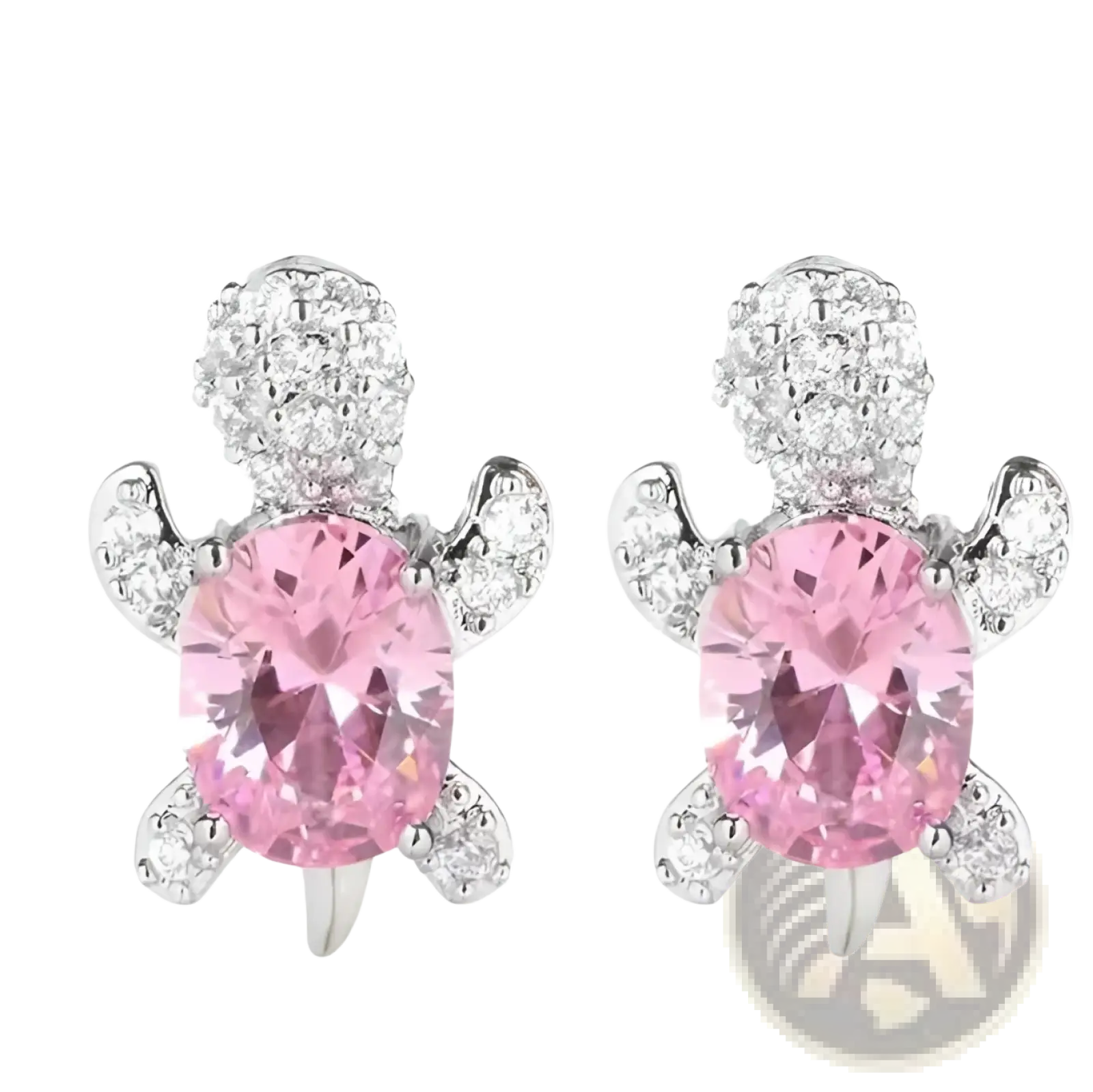Colorful crystal turtle stud earrings in pink with a central pink gemstone and silver-toned metal with clear crystals
