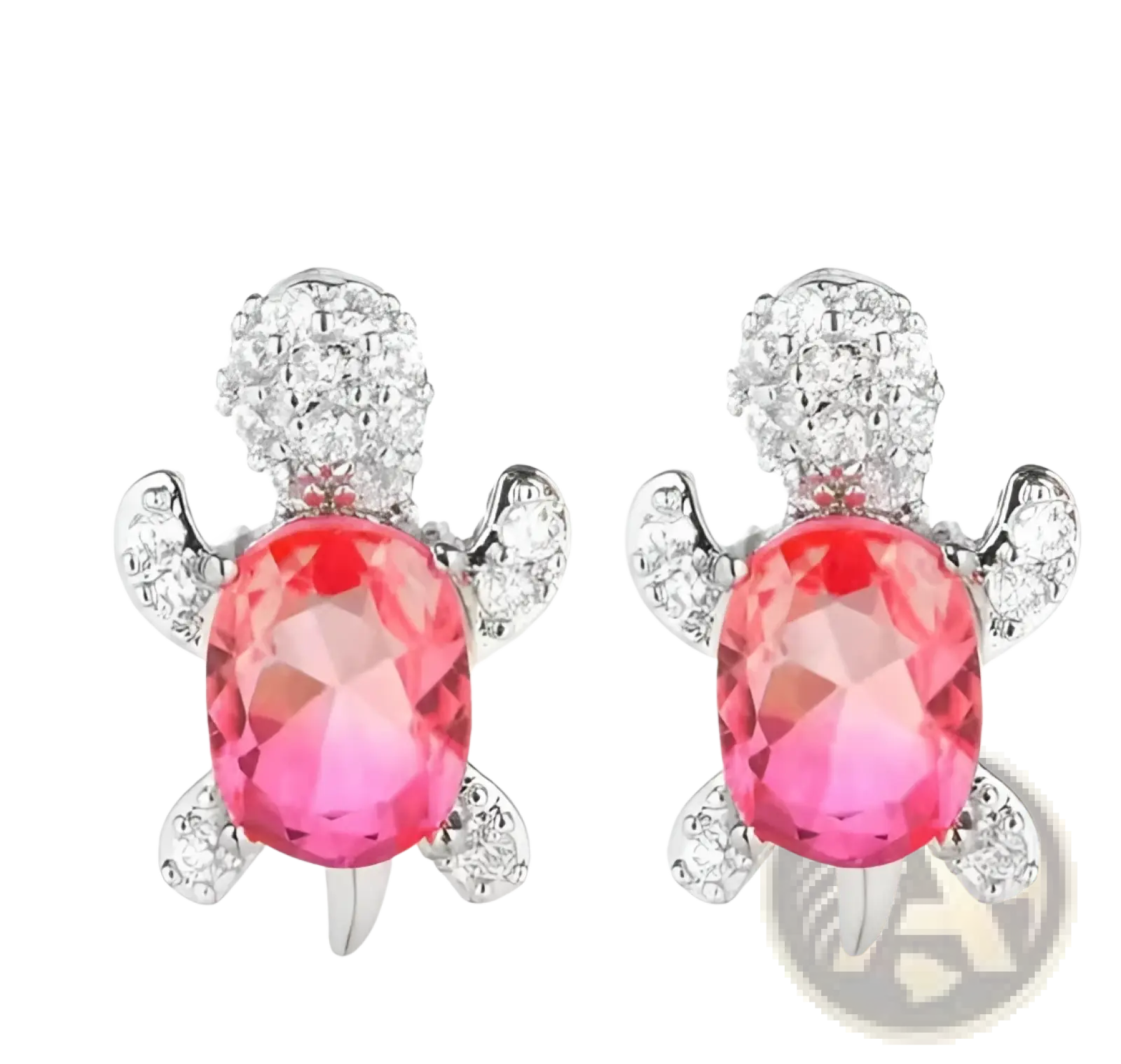 Colorful crystal turtle stud earrings in pink and yellow with a sparkling silver-tone metal frame and clear crystals
