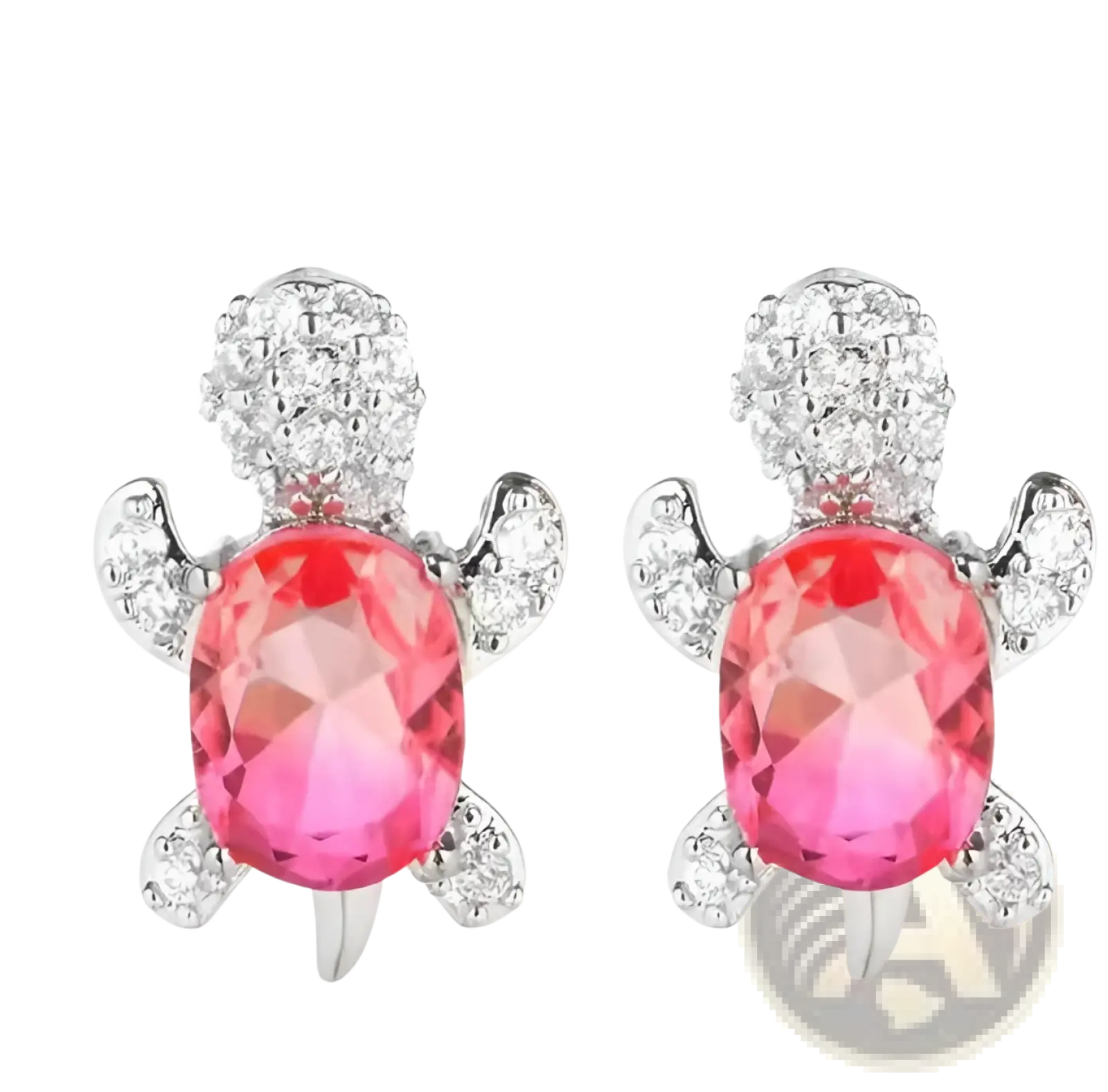 Colorful crystal turtle stud earrings featuring pink and yellow silver-toned metal with faceted pink gemstone body and clear crystals