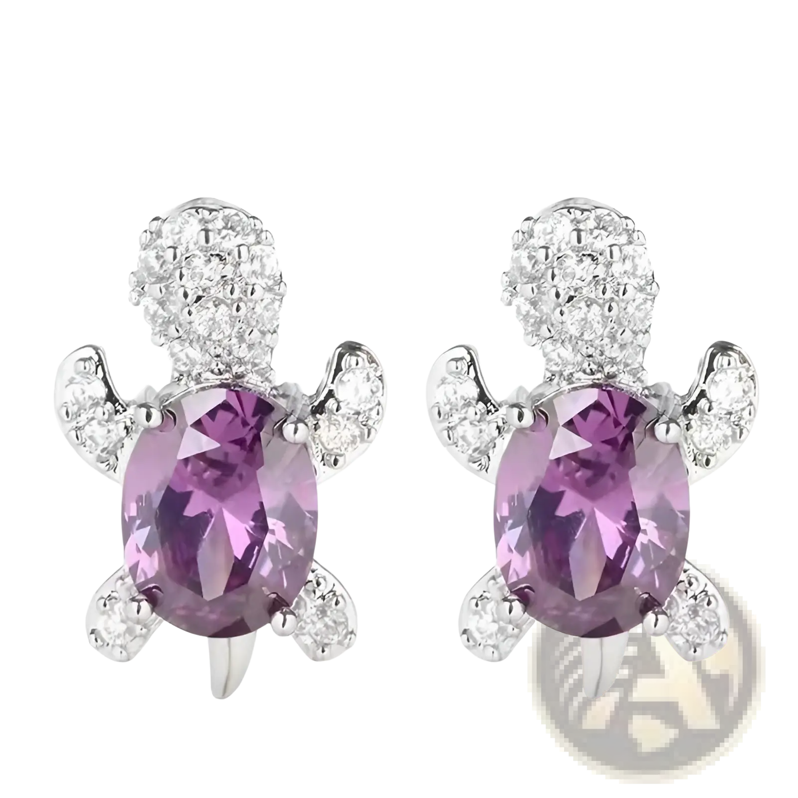 Purple oval gemstone turtle stud earrings with silver-toned metal and clear crystal accents in a colorful crystal set