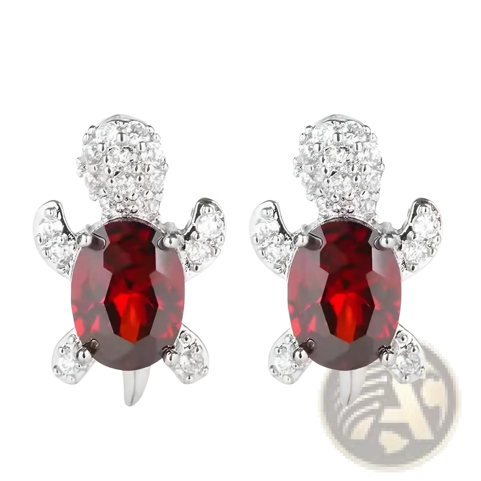 Colorful crystal turtle stud earrings featuring red gemstones with silver-toned metal and clear crystal accents