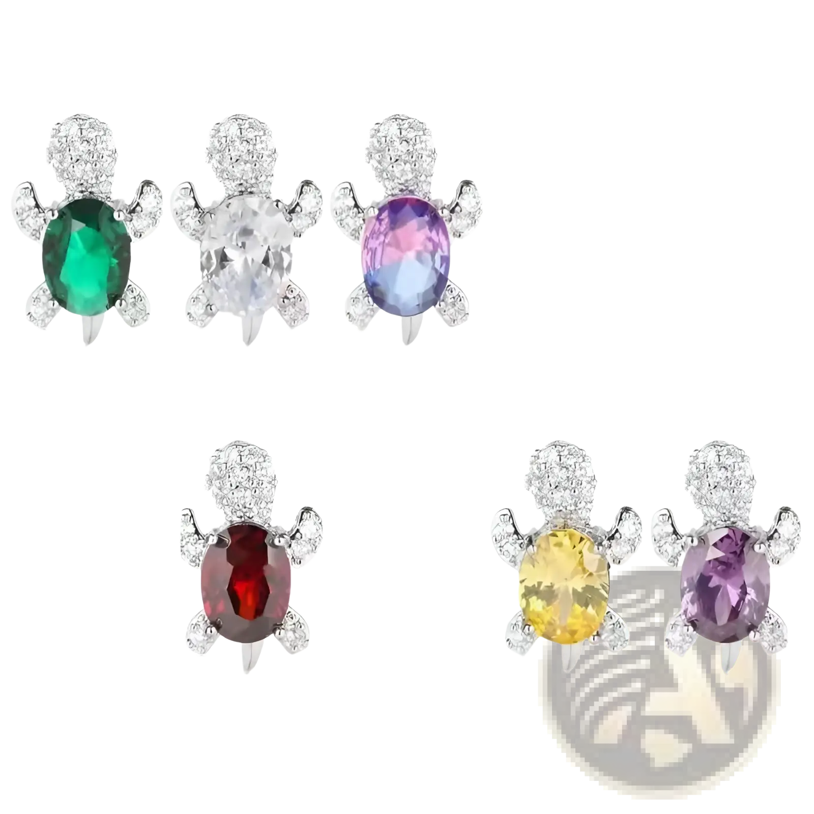 Colorful crystal turtle stud earrings in green white blue pink red yellow and purple with diamond accents