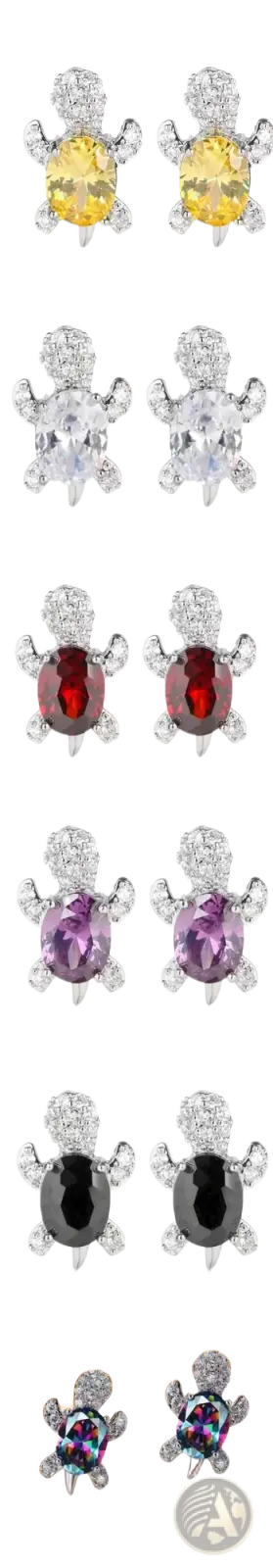Colorful crystal turtle stud earrings in yellow white red purple black and multicolor with clear cubic zirconia accents