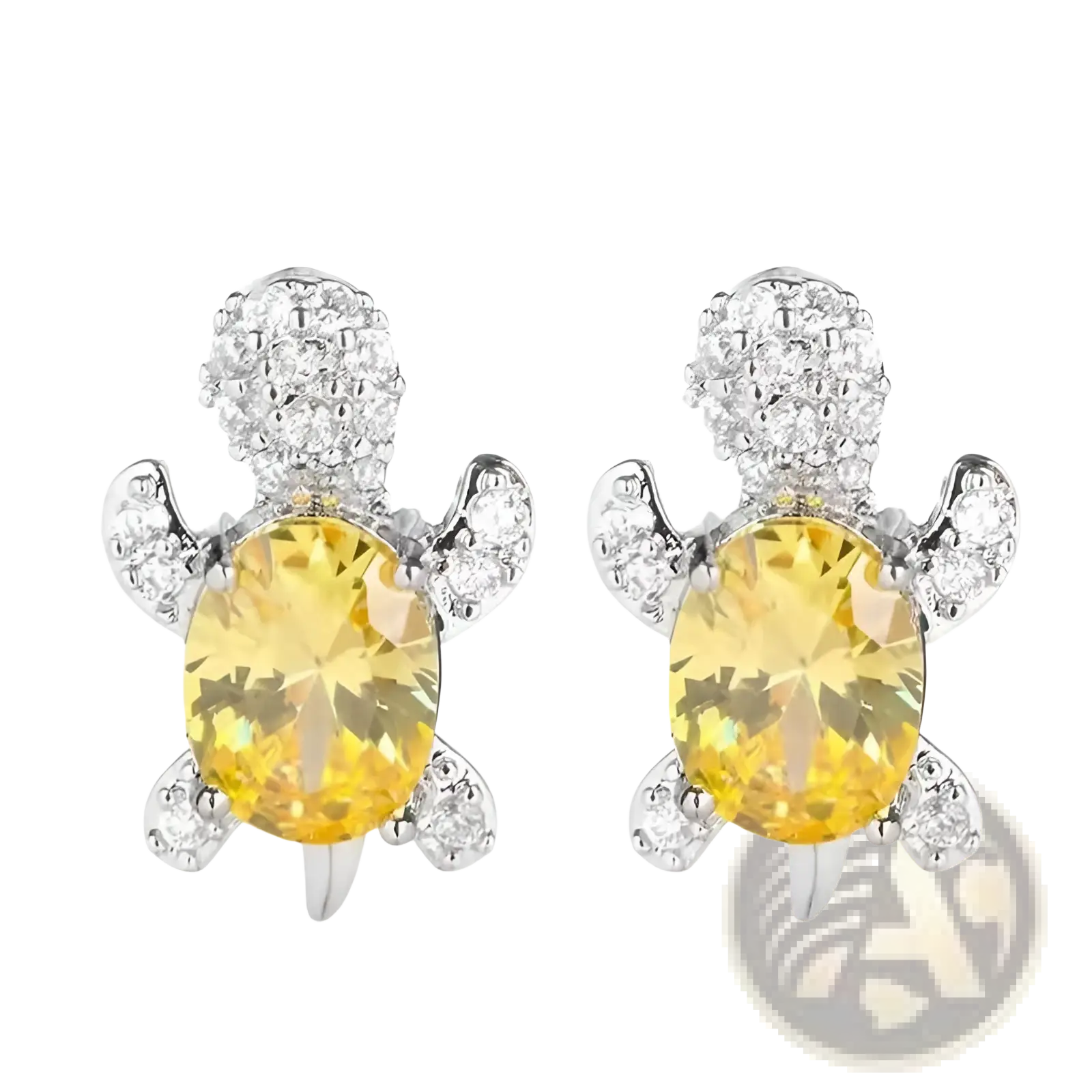 Colorful crystal turtle stud earrings with yellow gemstones and clear crystals set in silver-toned metal
