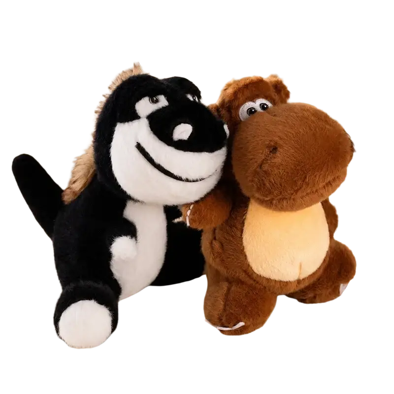 Colorful dinosaur plush toy featuring a black and white plush penguin with brown mane and a brown plush hippo