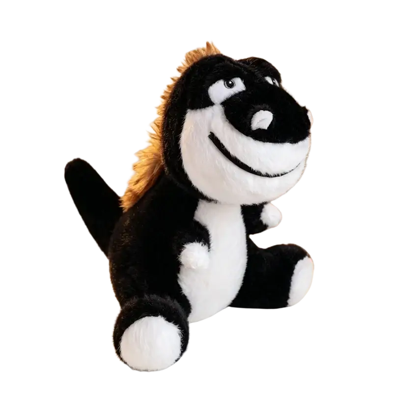 A plush black and white colorful dinosaur soft stuffed animal with golden spines and a friendly smile
