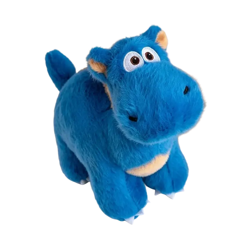 Colorful dinosaur plush toy featuring a soft blue hippo with tan accents on ears belly and claws