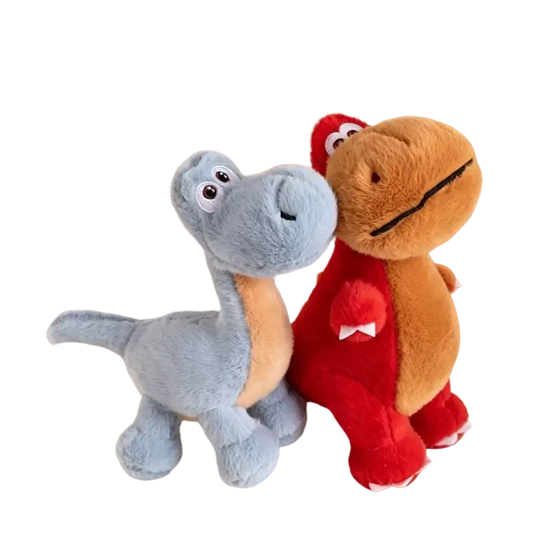 Soft blue and tan colorful dinosaur plush toy with red-dressed companion made of soft stuffed material