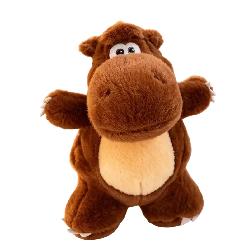 Brown plush hippo toy with cream-colored belly and white claws in colorful dinosaur plush toy soft stuffed animal design