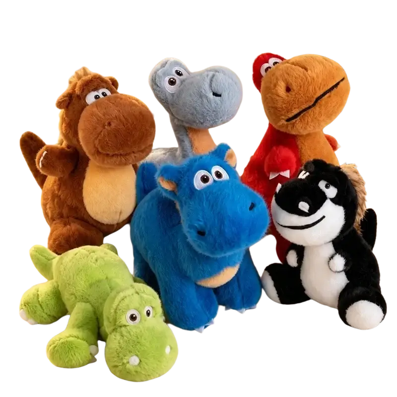 A group of colorful soft stuffed dinosaur plush toys in brown blue green red and black and white colors