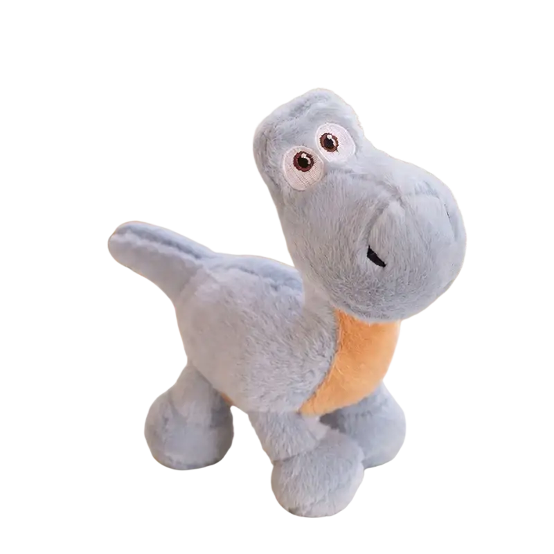 Colorful dinosaur plush toy featuring a soft light blue fabric with an orange belly and a friendly face design