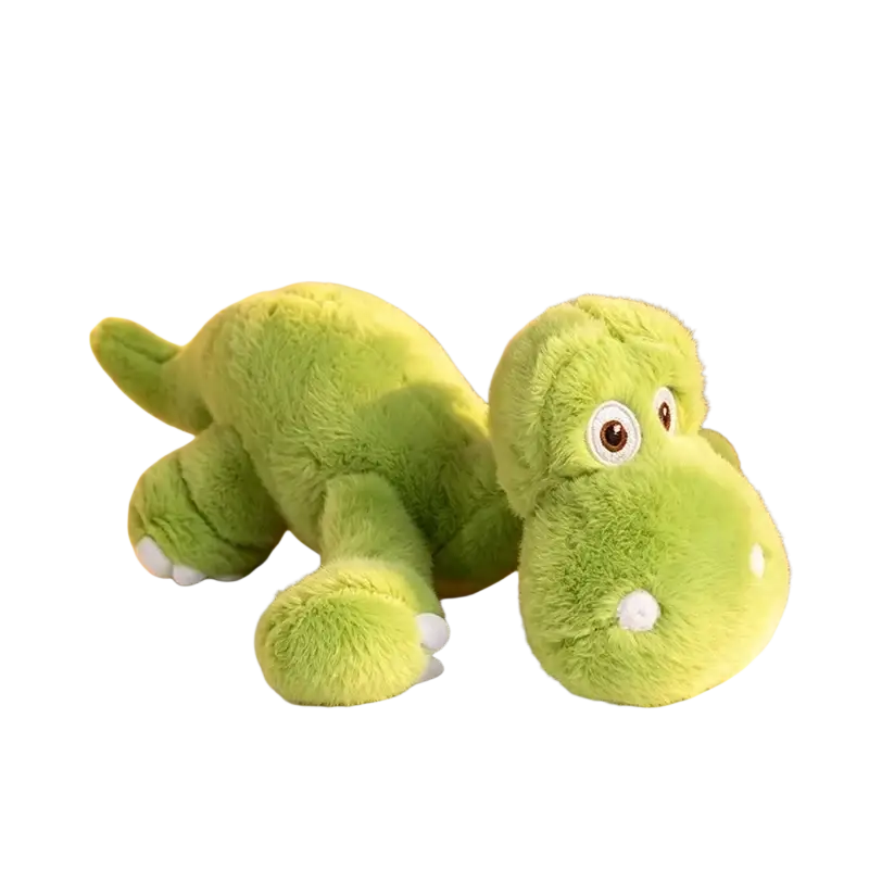 A colorful lime-green soft stuffed dinosaur plush toy with fluffy texture and white accents on eyes nose and feet