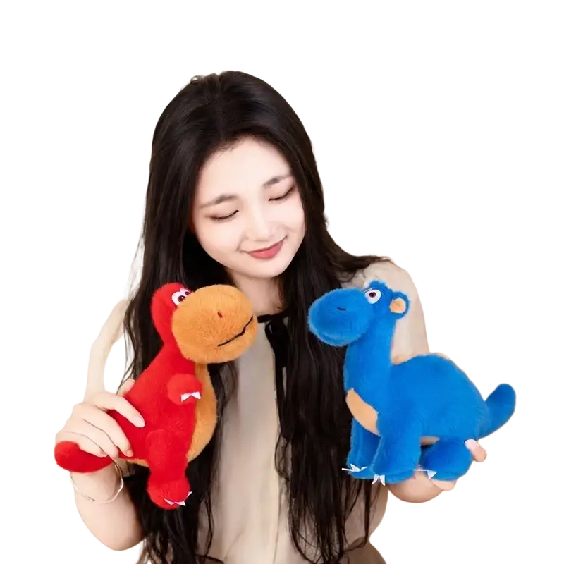 Colorful dinosaur plush toy featuring soft red and blue stuffed animals ideal for cuddling and playtime