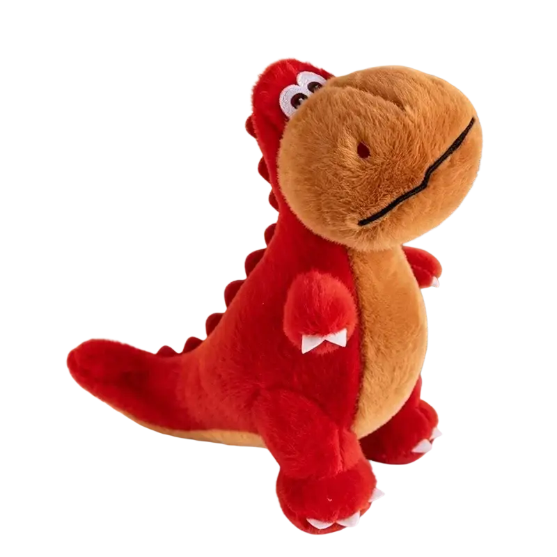 A colorful red and tan dinosaur plush toy with white embroidered eyes and soft stuffed animal material