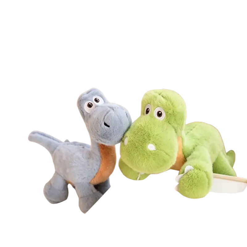 Two colorful dinosaur plush toys in light blue and green with soft fabric bodies and tan underbellies