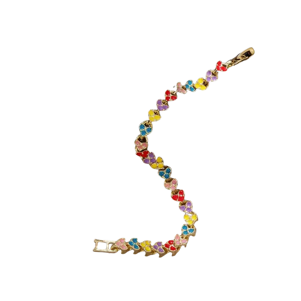 Colorful enamel butterfly gold chain bracelet with rainbow enamel-coated charms and gold-tone metal links