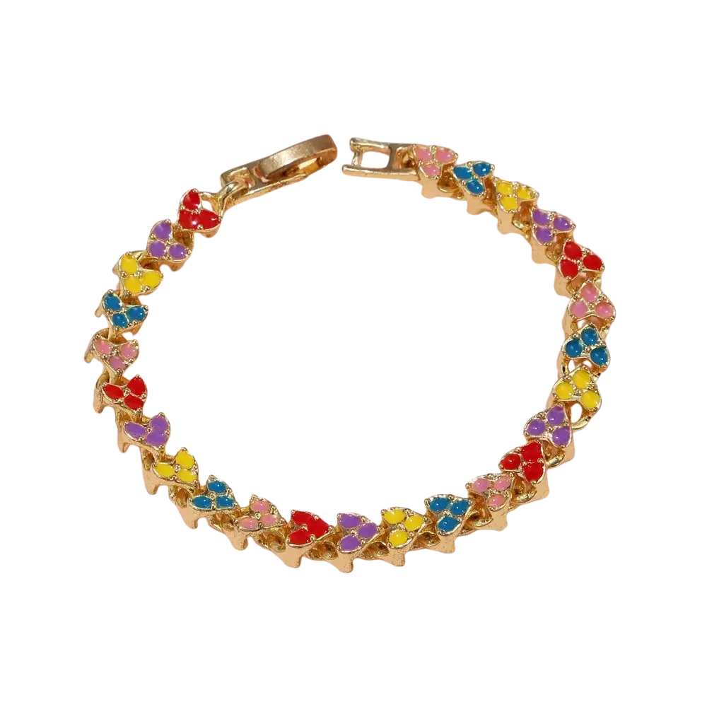 A colorful enamel butterfly gold chain bracelet featuring red yellow blue purple and pink butterflies on a gold base