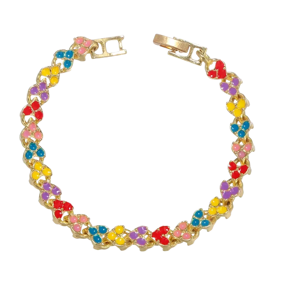 A gold chain bracelet featuring colorful enamel heart-shaped charms in red pink yellow blue and purple