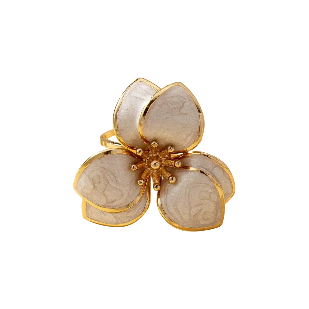 A delicate gold-toned colorful floral open ring for women with five pale translucent petals and central clear stones