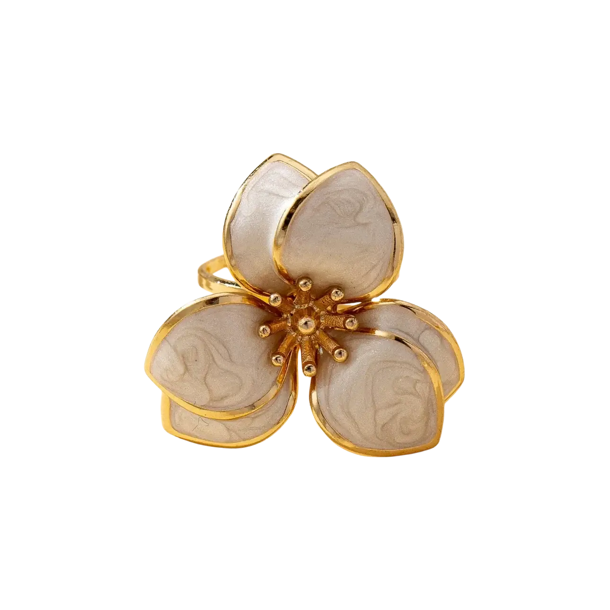 A delicate gold-toned colorful floral open ring for women with five pale translucent petals and central clear stones