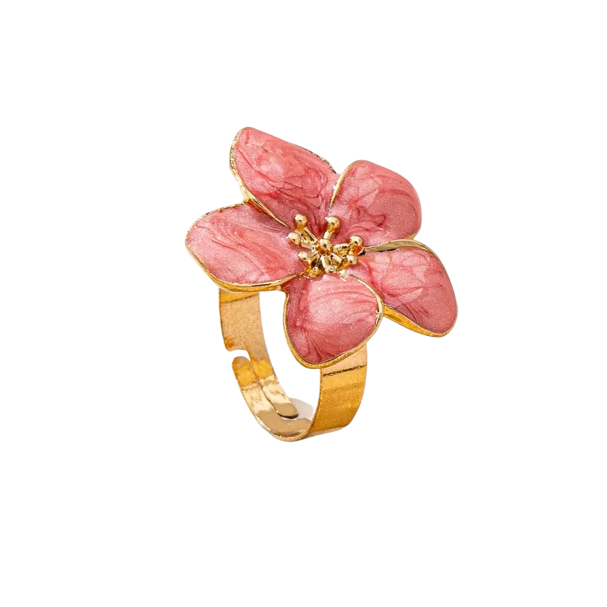 Delicate pink enamel colorful floral open ring for women with gold-toned metal and golden stamen design