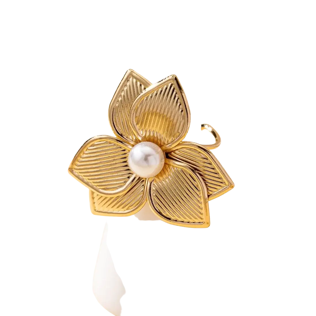 Gold-toned colorful floral open ring for women featuring a central pearl and textured flower-shaped petals