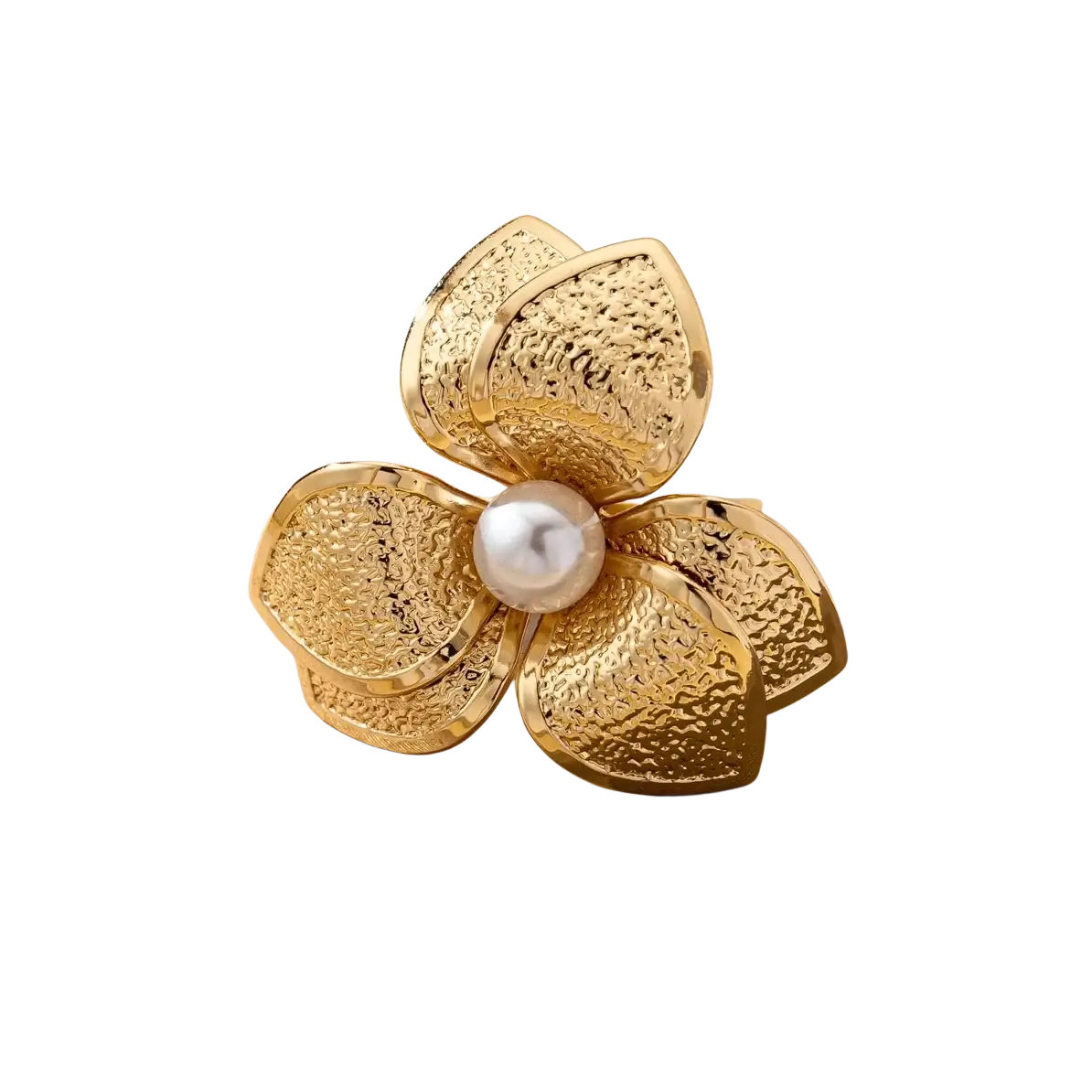 Gold-toned flower-shaped open ring with textured petals and a central pearl for women