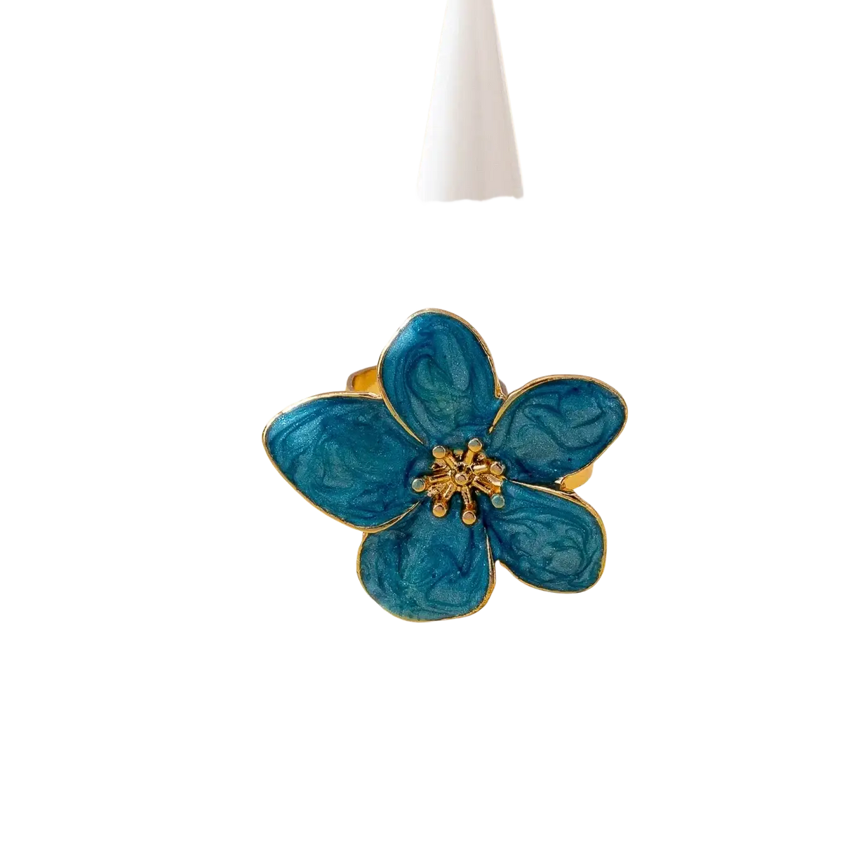 A vibrant blue enamel open ring with gold-toned edges and a sparkling center for women