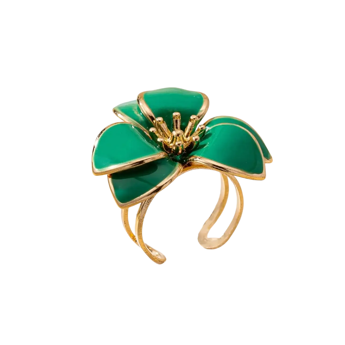 A vibrant green enamel floral open ring for women with gold-toned metal accents and a delicate open band design
