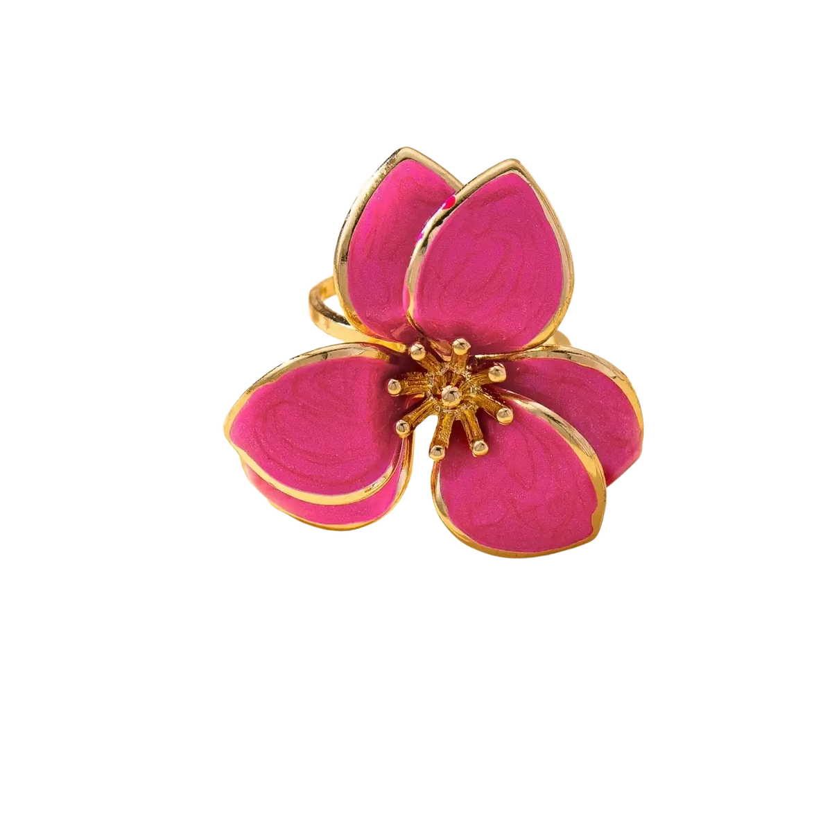 A vibrant pink enamel colorful floral open ring with gold-toned metal edges and a detailed center for women