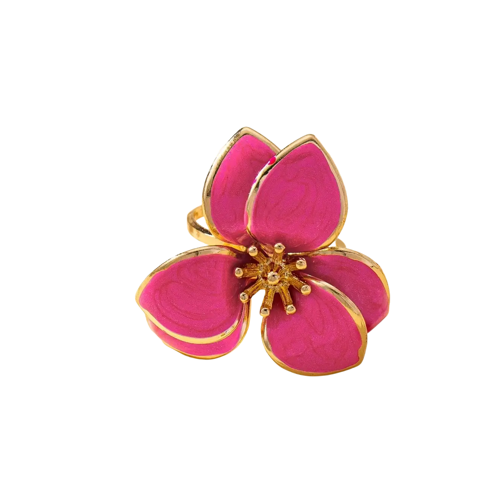 A colorful floral open ring for women featuring a vibrant pink enamel flower with gold-toned metal edges
